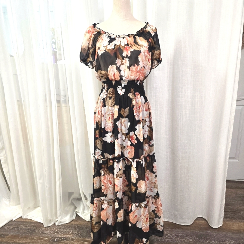 Kate & Lily Black Contrasting Peach Floral Maxi Long Tiered‎ Dress Size 8P